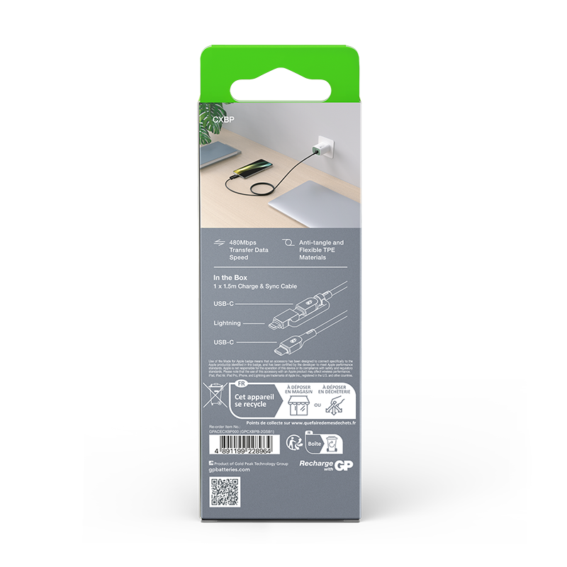 GP 1.5m 2-in-1 USB-C to USB-C/Lighting 60W Charge and Sync Cable CXBP