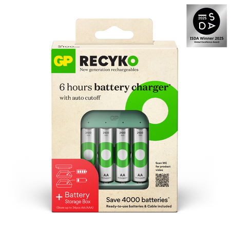 GP Recyko rechargeable battery starter kit – Includes Charger (B423) + 4 Pre-charged AA 2,100mAh Batteries (Bundle with a battery storage box)