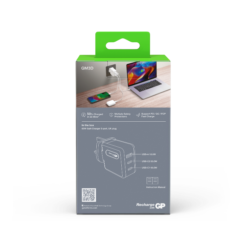 GP 65W GaN Charger 3-ports USB-C & USB-A