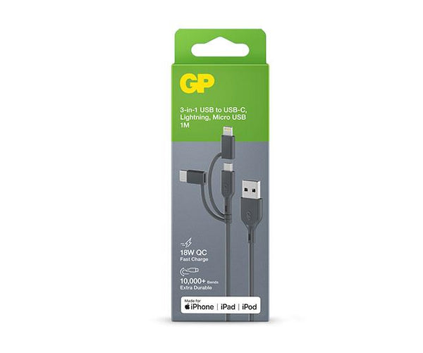 GP 1 metre 3-in-1 USB-A to Lightning, USB-C & Micro-USB Charge & Sync Cable CY1N