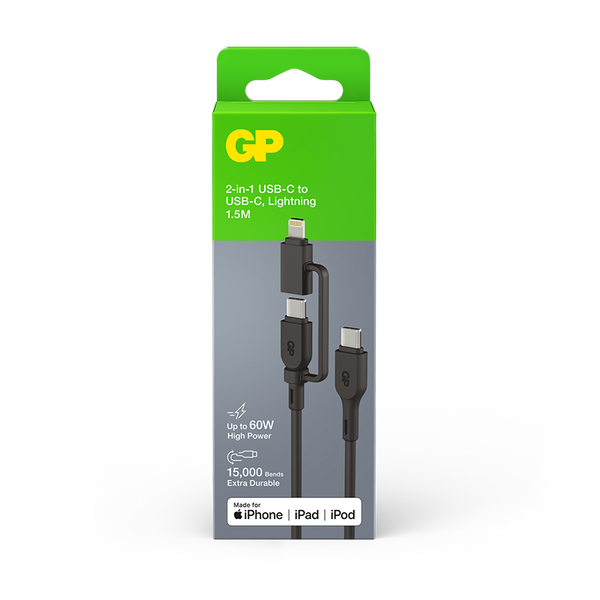 GP 1.5m 2-in-1 USB-C to USB-C/Lighting 60W Charge and Sync Cable CXBP