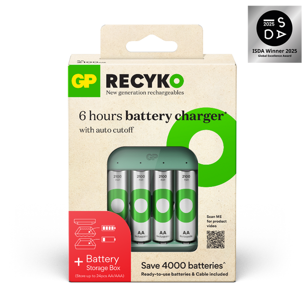 GP Recyko rechargeable battery starter kit – Includes Charger (B423) + 4 Pre-charged AA 2,100mAh Batteries (Bundle with a  battery storage box)