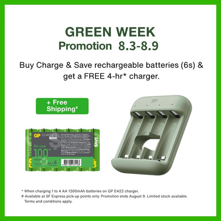 GP Charge & $ave NiMH 1300mAh AA Battery 6s + GP Charge & $ave 4-slot E422 Charger